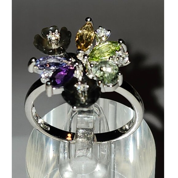 .925 Sterling Silver Amethyst/Peridot/Citrine/Tanzanite CZ Ring Sz 8 Value $590 - Picture 1 of 7